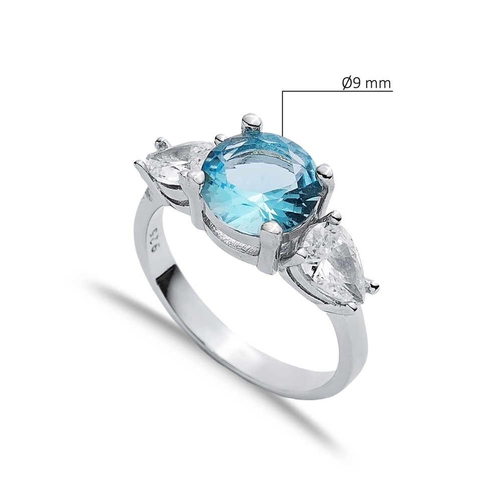 Round Aquamarine Pear CZ Stone Ring Wholesale Silver Jewelry