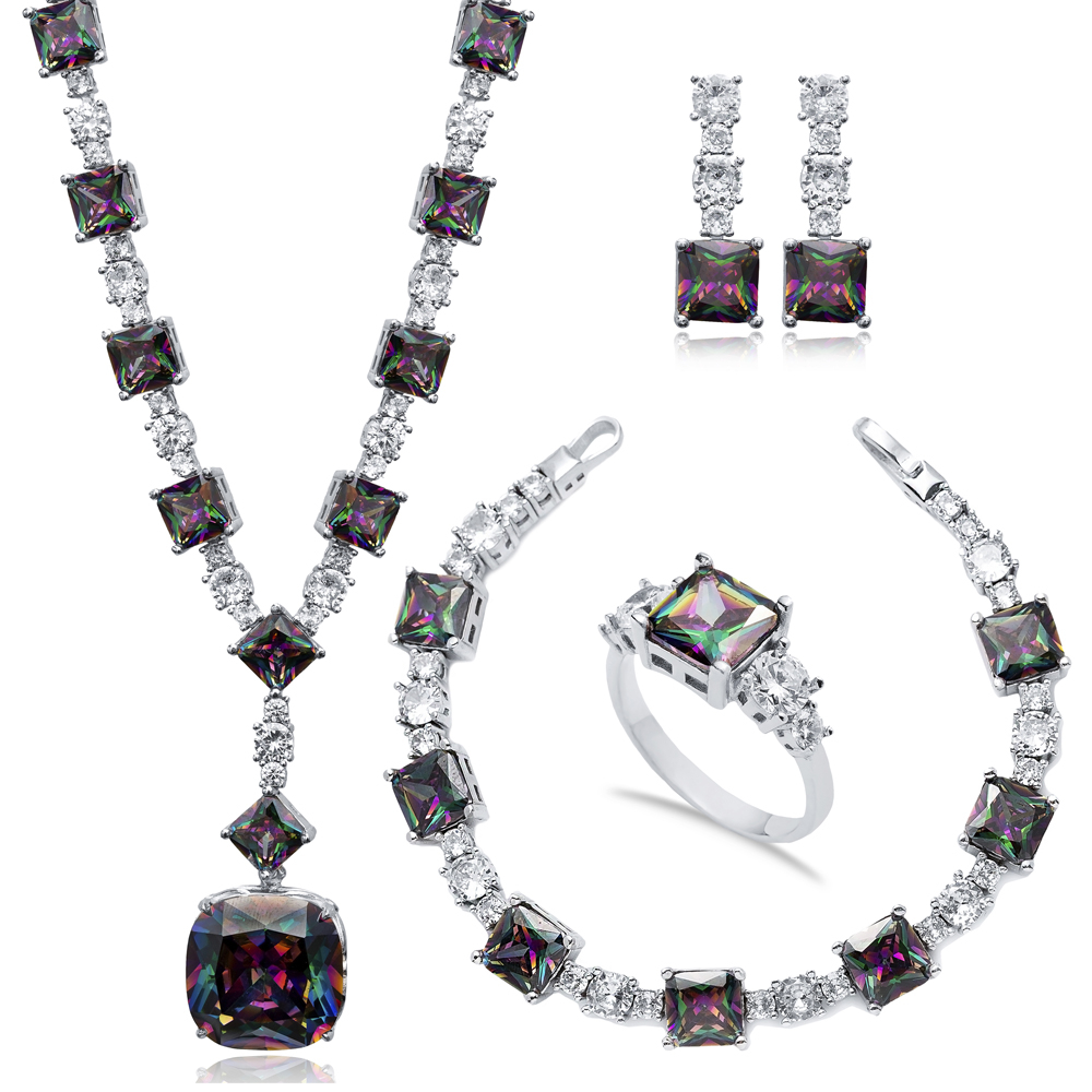 Elegant Stylish Square Mystic Topaz CZ Stone Charm Necklace