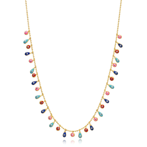 Round and Pear Mix Color Enamel Evil Eye 925 Silver Necklace