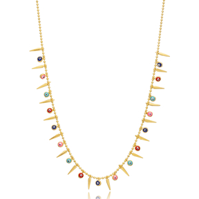 Spike and Round Evil Eye Mix Color Enamel 925 Silver Necklace