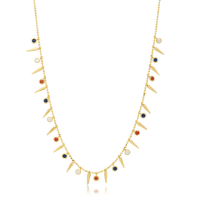 Spike and Round Mix Color CZ Wholesale 925 Silver Necklace