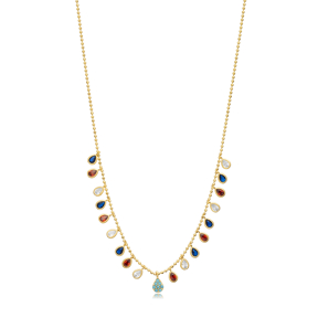 Pear Mix Color CZ Ball Chain Sterling Silver Shaker Necklace