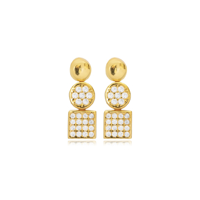 Square Round Design CZ Stone Stud Earrings