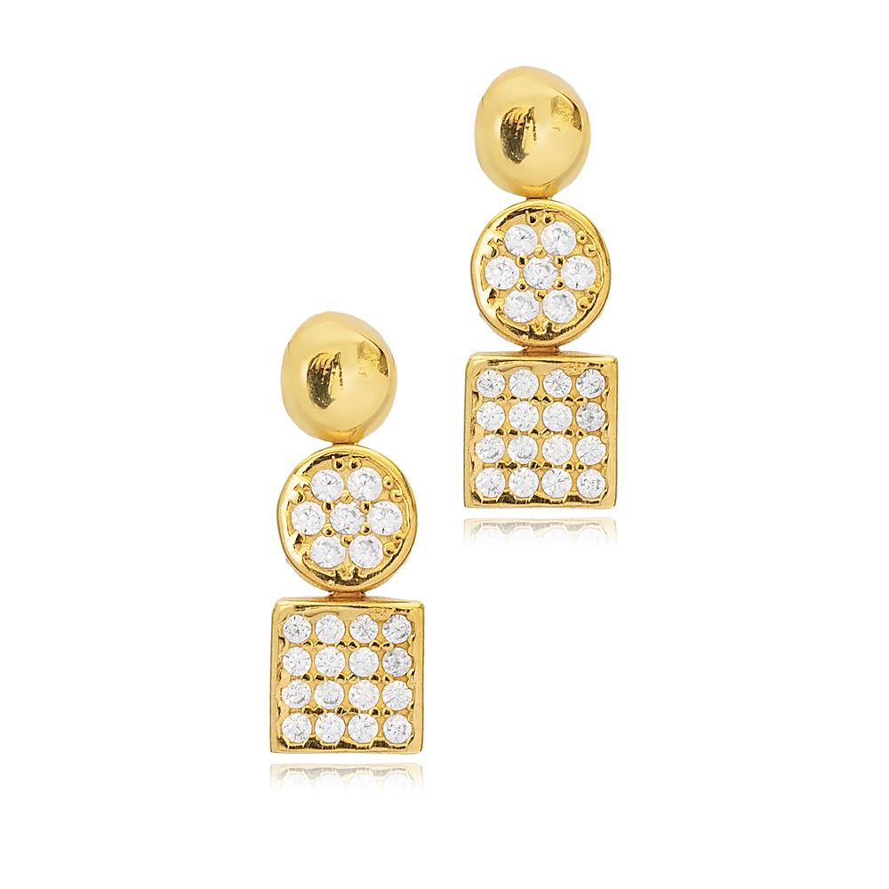 Square Round Design CZ Stone Stud Earrings