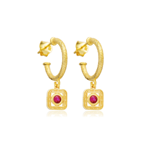Ruby CZ Square Design Silver Hoop Earrings Wholesale Jewelry