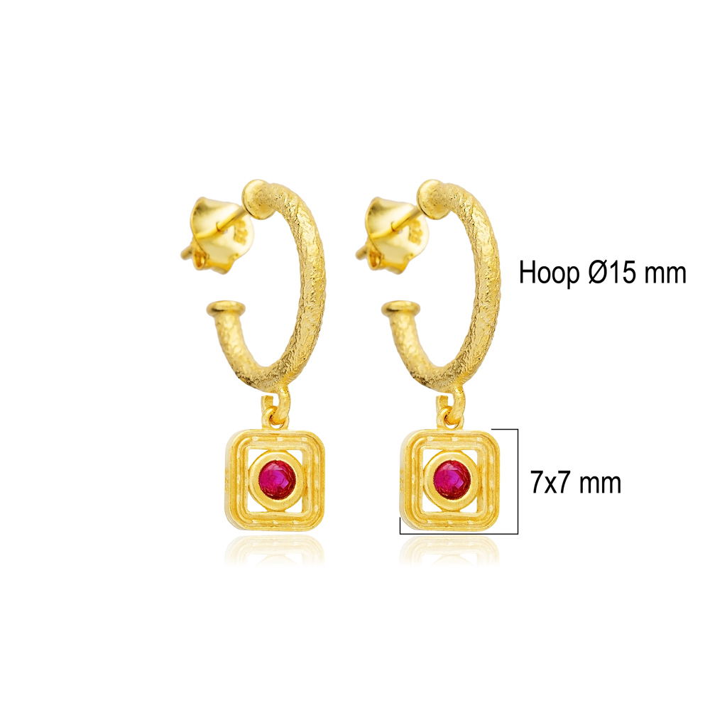 Ruby CZ Square Design Silver Hoop Earrings Wholesale Jewelry