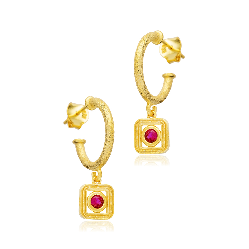 Ruby CZ Square Design Silver Hoop Earrings Wholesale Jewelry