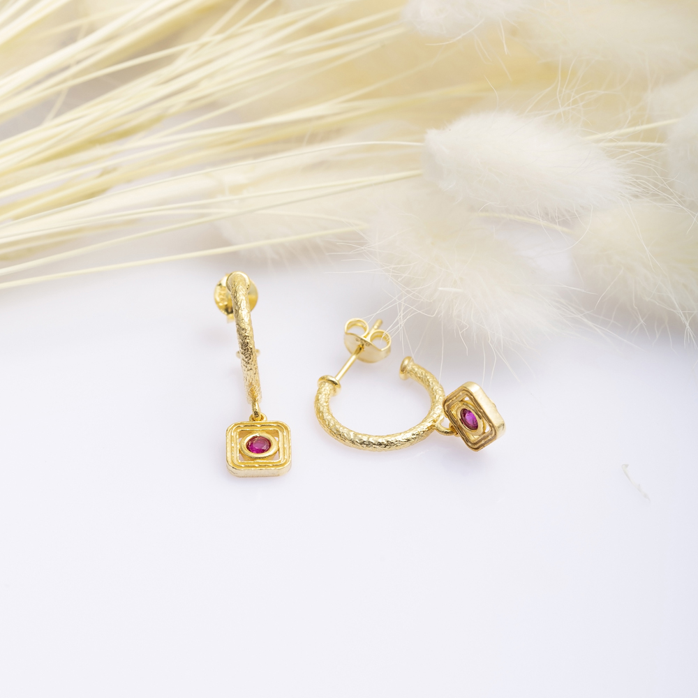 Ruby CZ Square Design Silver Hoop Earrings Wholesale Jewelry