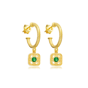 Emerald CZ Square Design Silver Hoop Earrings Wholesale Jewelry