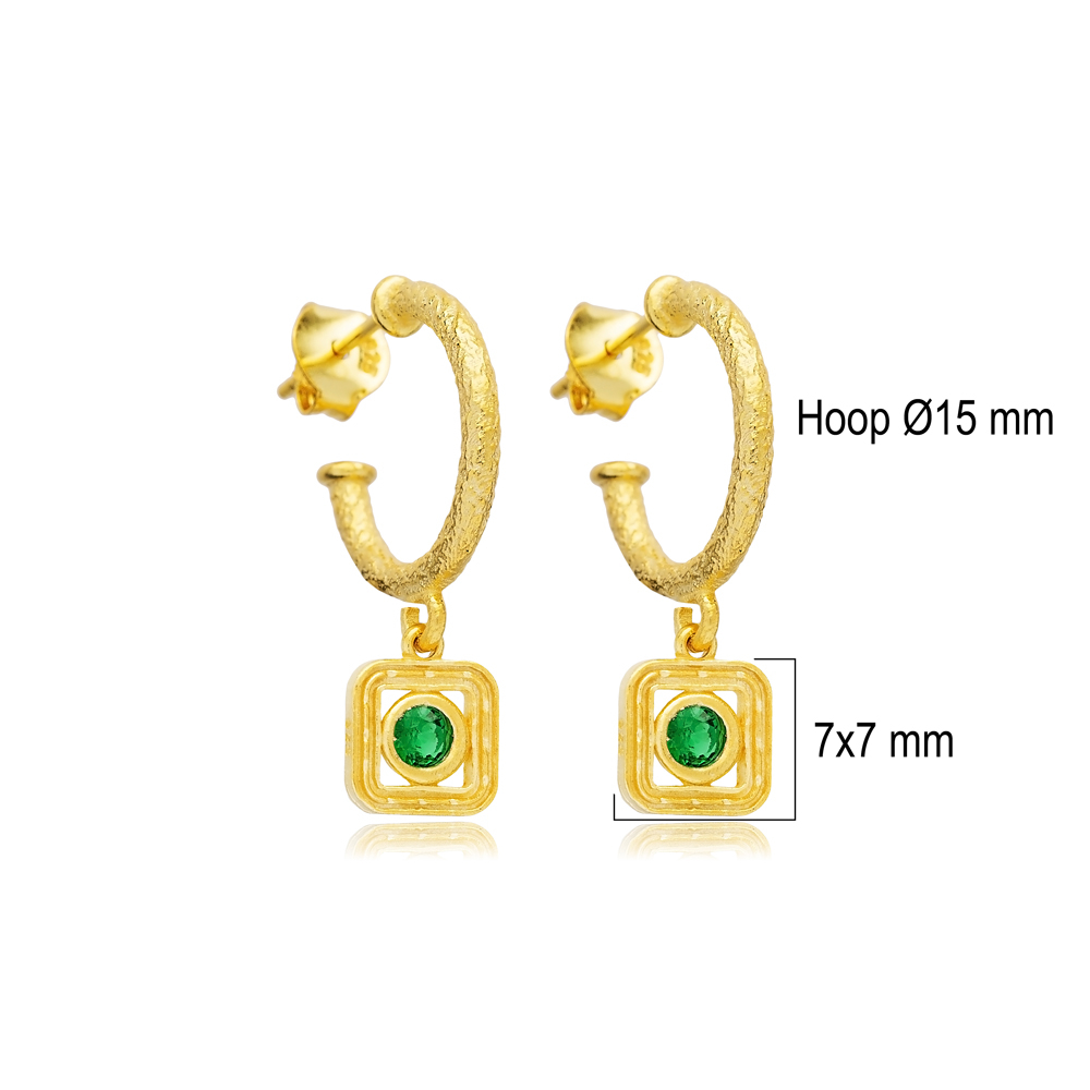 Emerald CZ Square Design Silver Hoop Earrings Wholesale Jewelry