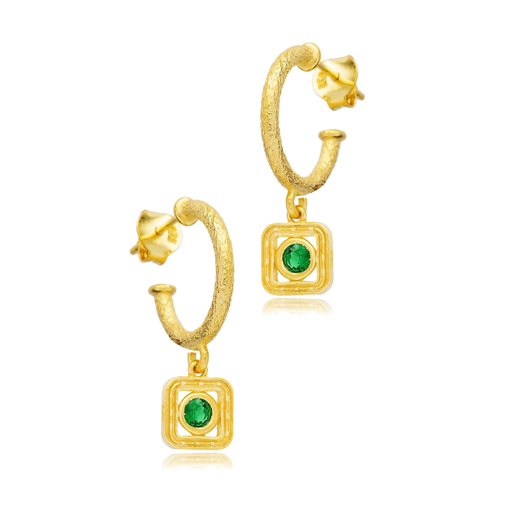 Emerald CZ Square Design Silver Hoop Earrings Wholesale Jewelry