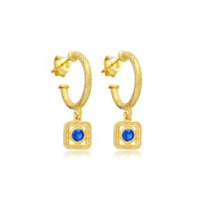 Sapphire CZ Square Design Silver Hoop Earrings Wholesale Jewelry