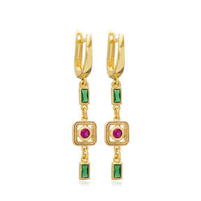 Ruby Emerald CZ Square 925 Silver Dangle Latch Back Earrings