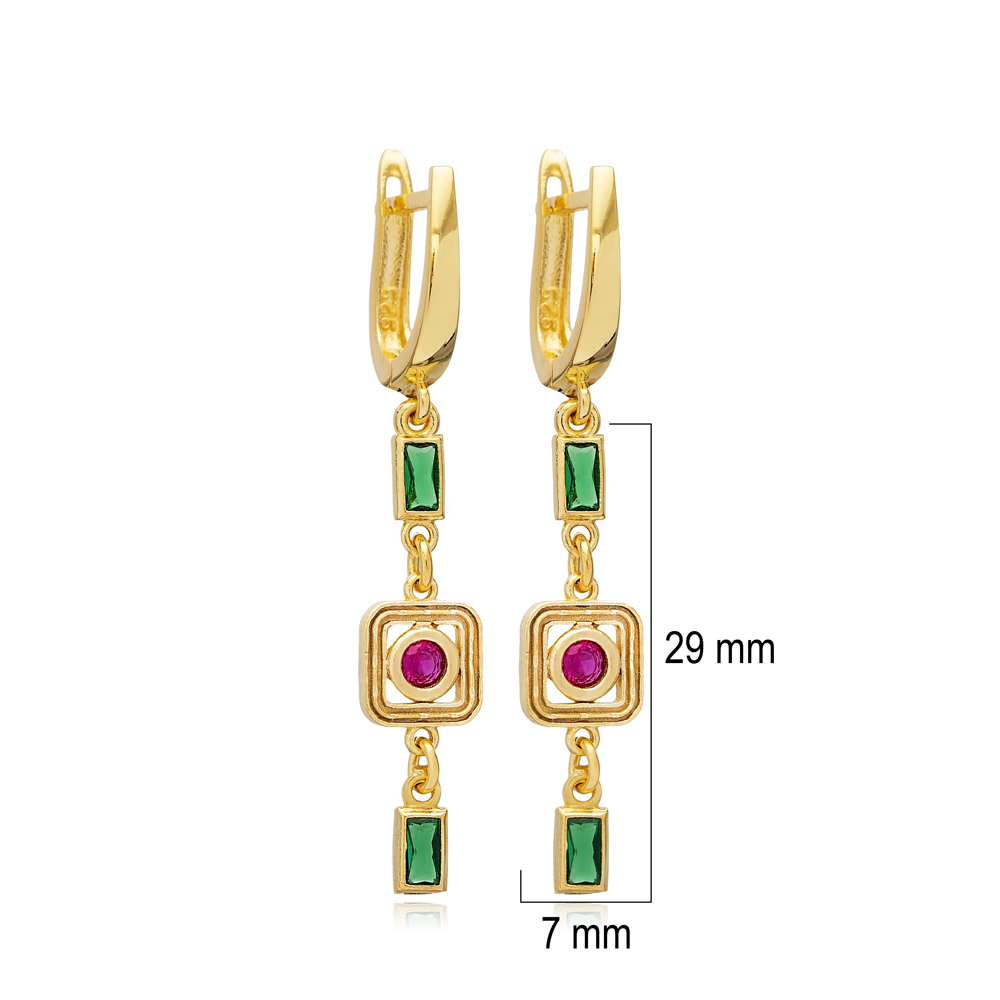 Ruby Emerald CZ Square 925 Silver Dangle Latch Back Earrings