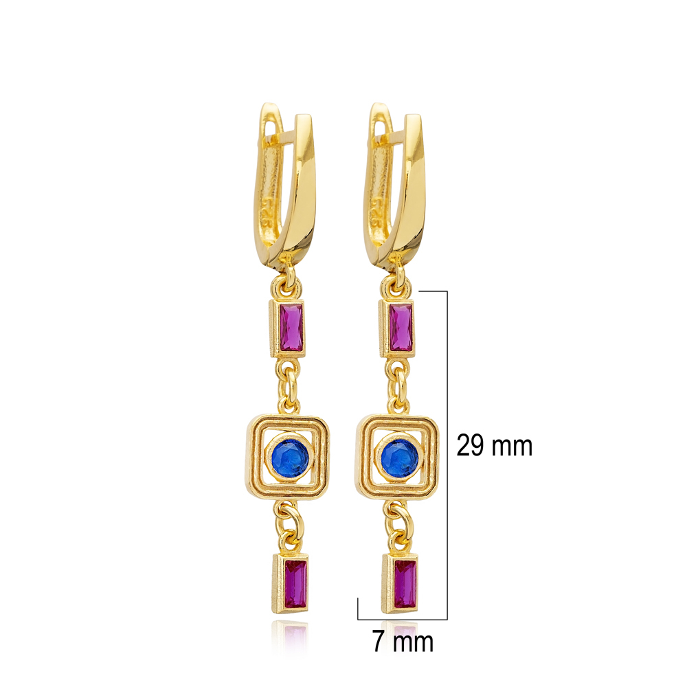 Ruby Sapphire CZ Square Silver Dangle Latch Back Earrings