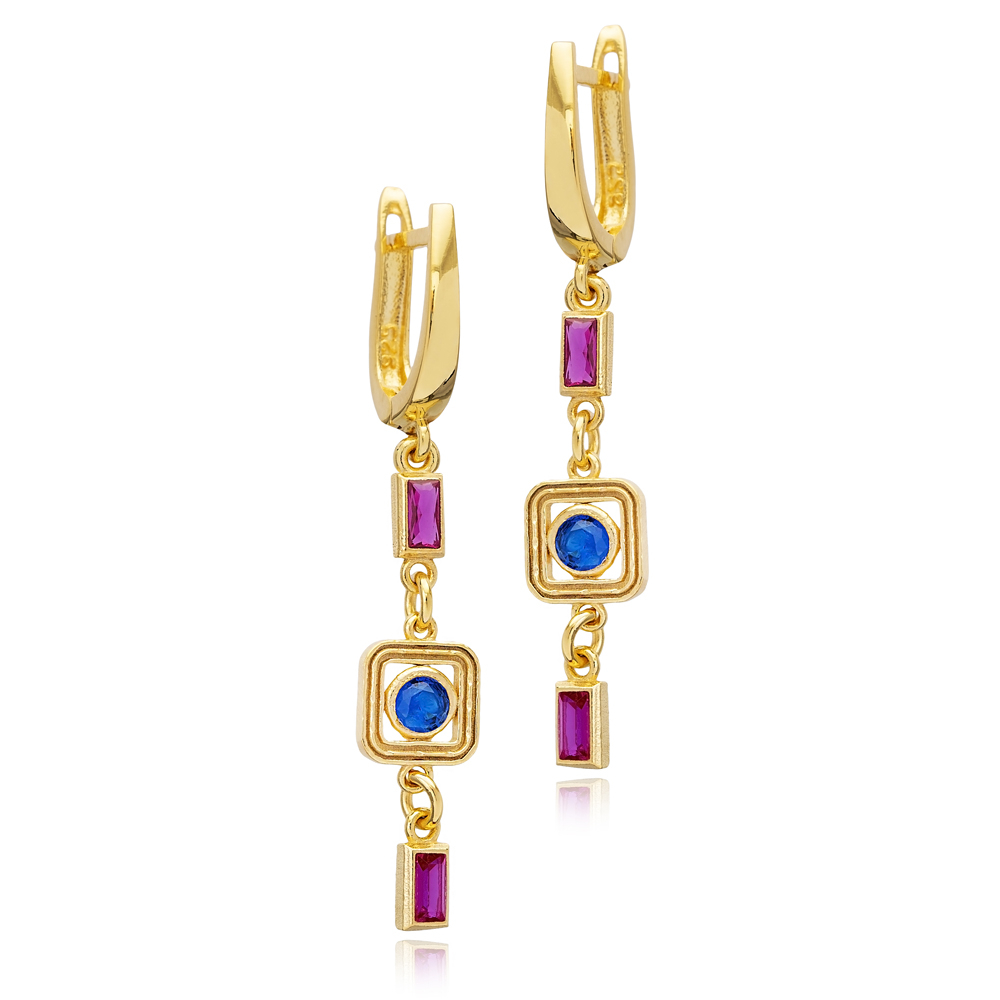 Ruby Sapphire CZ Square Silver Dangle Latch Back Earrings