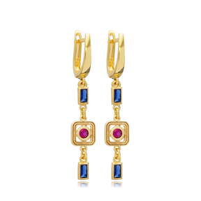 Ruby Sapphire CZ Latch Back Dangle Earrings Silver Jewelry