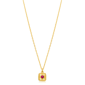 Ruby CZ Square Design Silver Charm Necklace Wholesale Jewelry