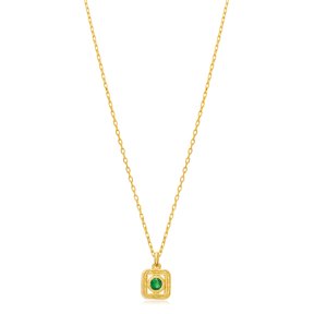 Emerald CZ Square Design Silver Charm Necklace Wholesale Jewelry