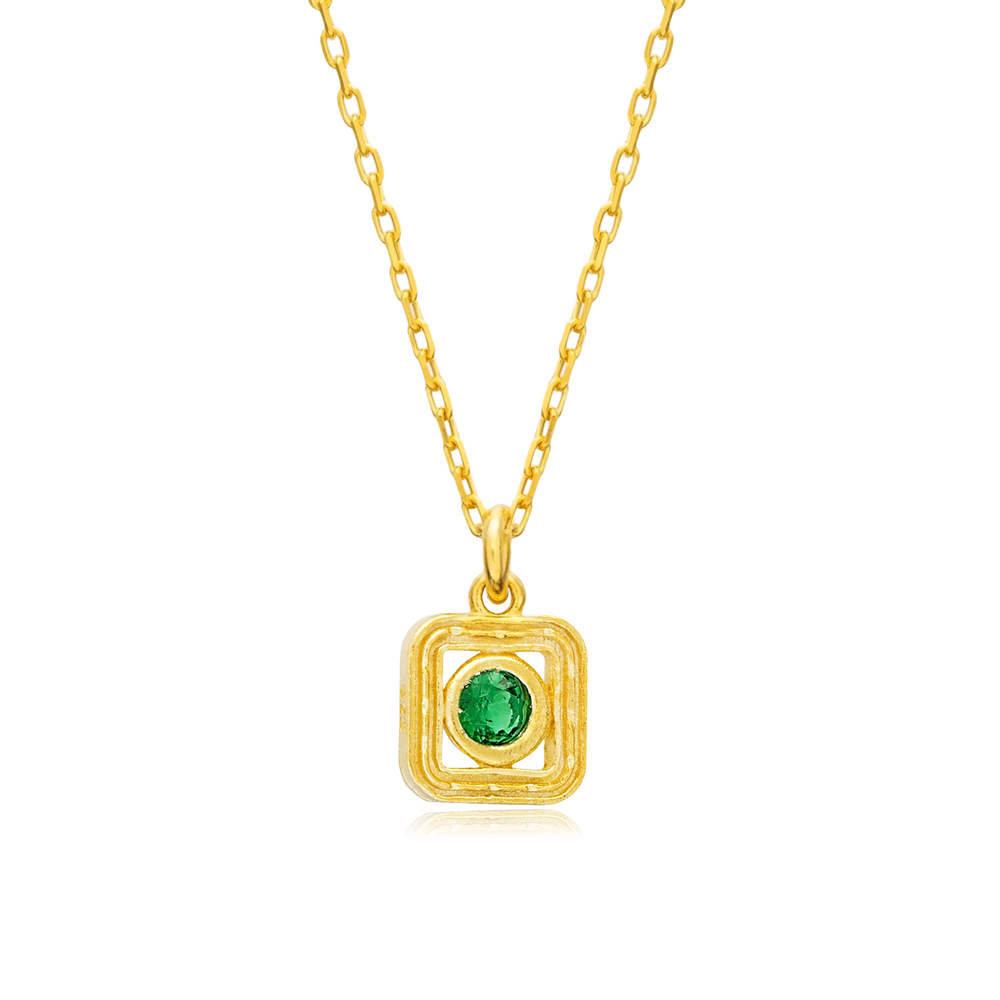 Emerald CZ Square Design Silver Charm Necklace Wholesale Jewelry