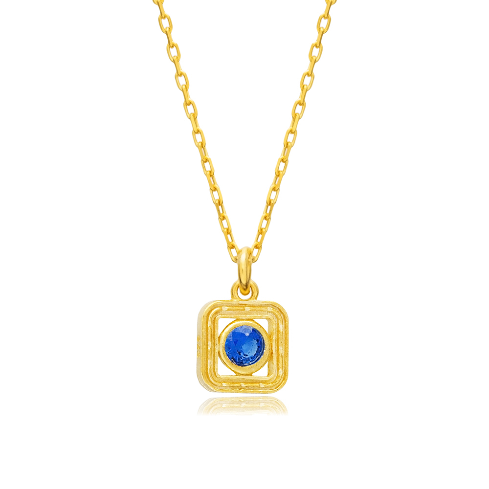 Sapphire CZ Square Design Silver Charm Necklace Wholesale Jewelry