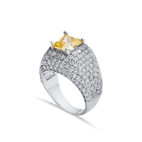 Square Cut Citrine Stone Sterling Silver CZ Stony Cluster Ring