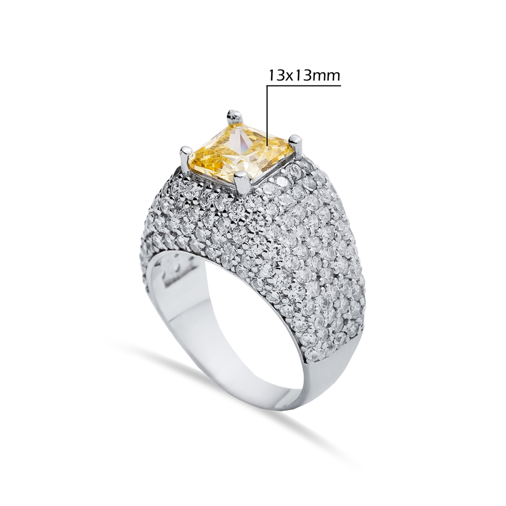 Square Cut Citrine Stone Sterling Silver CZ Stony Cluster Ring