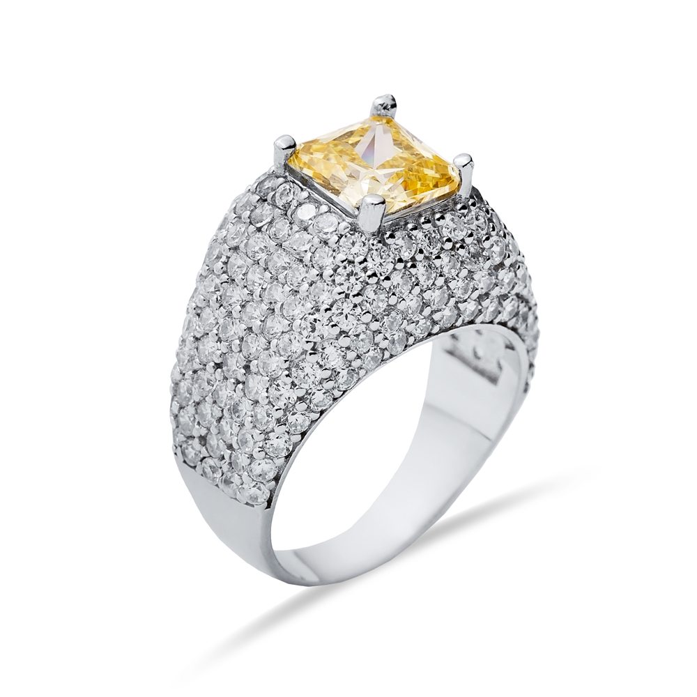 Square Cut Citrine Stone Sterling Silver CZ Stony Cluster Ring