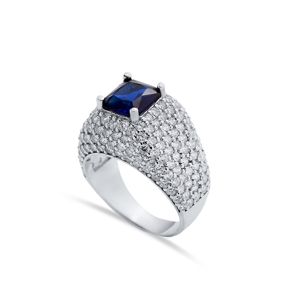 Square Cut Sapphire Stone Sterling Silver CZ Stony Cluster Ring