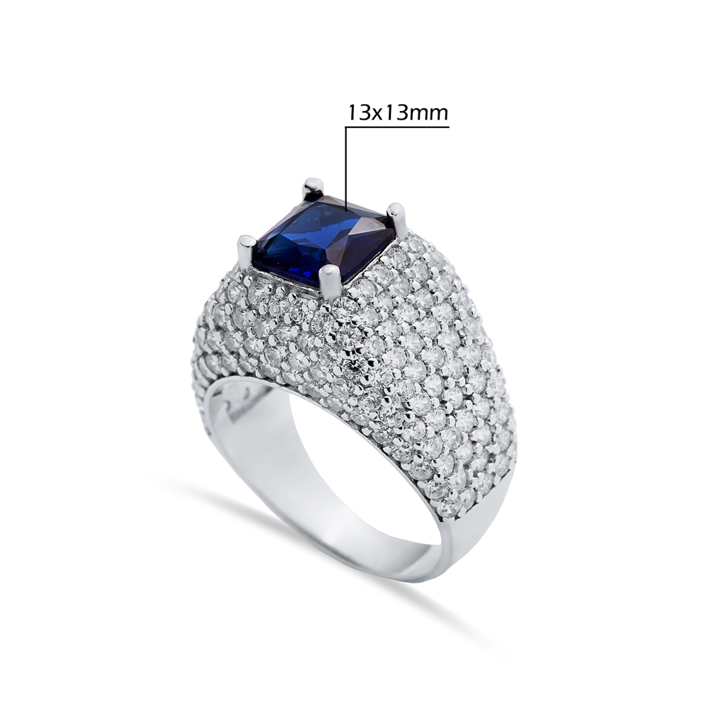 Square Cut Sapphire Stone Sterling Silver CZ Stony Cluster Ring