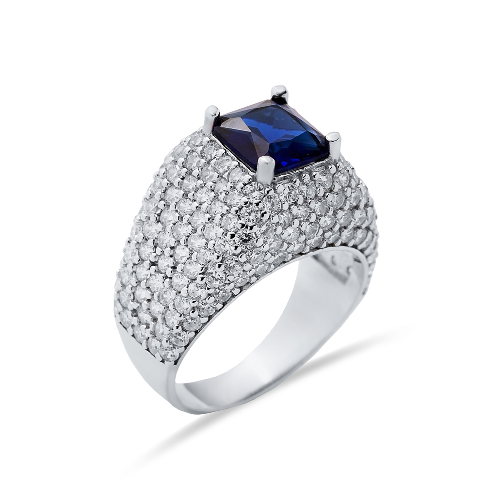 Square Cut Sapphire Stone Sterling Silver CZ Stony Cluster Ring