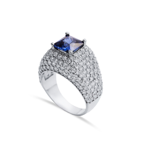 Tanzanite Stone Square Cut Sterling Silver CZ Stony Cluster Ring