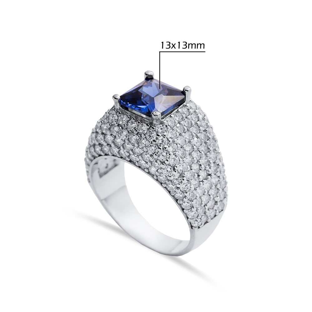 Tanzanite Stone Square Cut Sterling Silver CZ Stony Cluster Ring