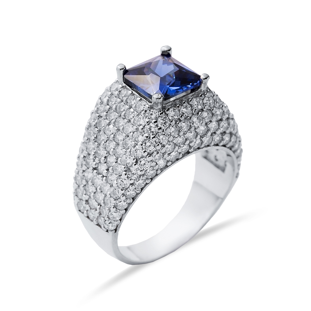 Tanzanite Stone Square Cut Sterling Silver CZ Stony Cluster Ring