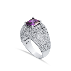 Amethyst Stone Square Cut Sterling Silver CZ Stony Cluster Ring