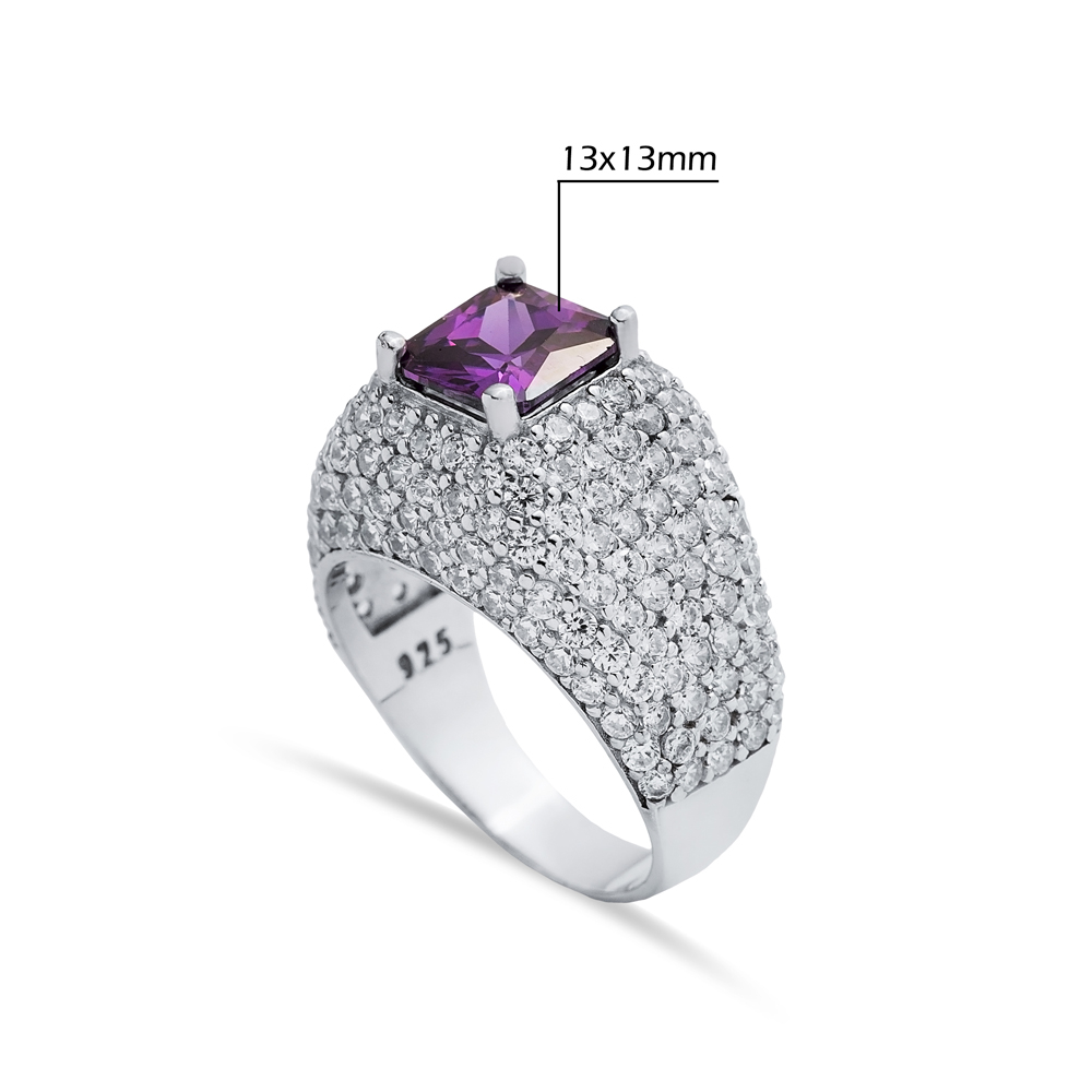 Amethyst Stone Square Cut Sterling Silver CZ Stony Cluster Ring