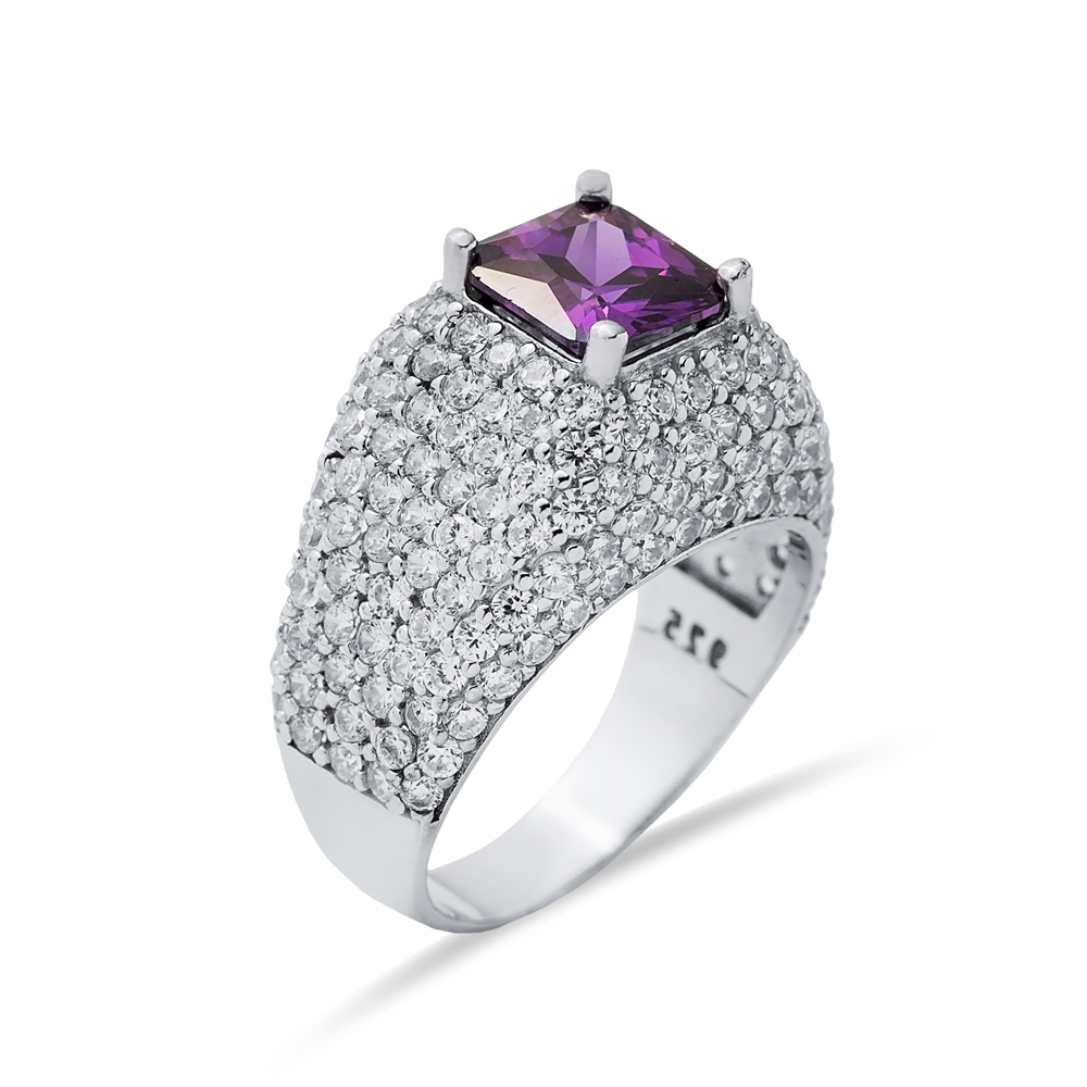 Amethyst Stone Square Cut Sterling Silver CZ Stony Cluster Ring