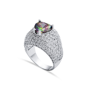 Mystic Topaz Stone Heart Cut 925 Silver CZ Stony Cluster Ring