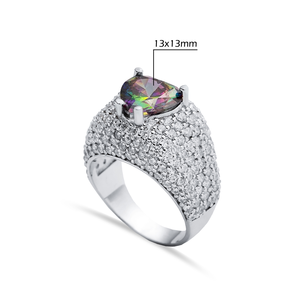 Mystic Topaz Stone Heart Cut 925 Silver CZ Stony Cluster Ring