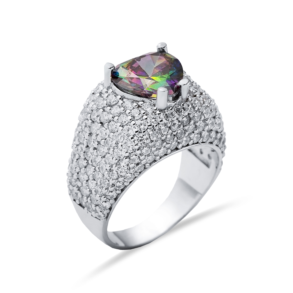 Mystic Topaz Stone Heart Cut 925 Silver CZ Stony Cluster Ring