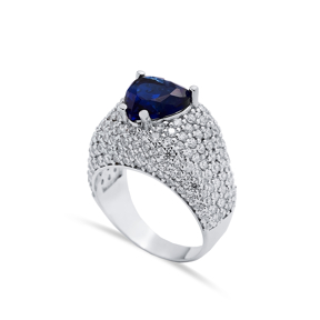 Sapphire Stone Heart Cut Turkish 925 Silver CZ Stony Cluster Ring