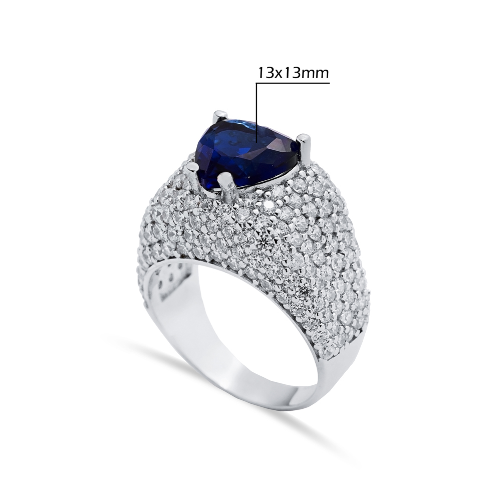 Sapphire Stone Heart Cut Turkish 925 Silver CZ Stony Cluster Ring