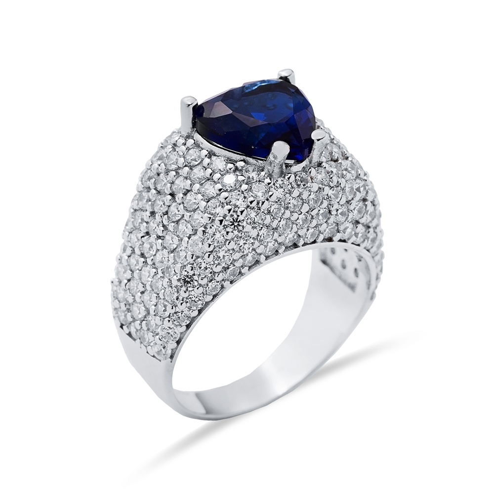 Sapphire Stone Heart Cut Turkish 925 Silver CZ Stony Cluster Ring