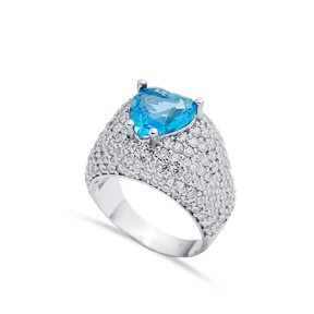 Aquamarine Stone Heart Cut 925 Silver CZ Stony Cluster Ring