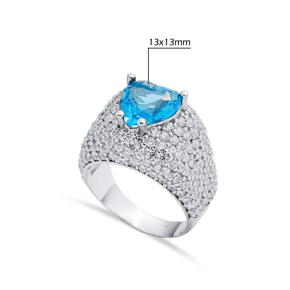 Aquamarine Stone Heart Cut 925 Silver CZ Stony Cluster Ring