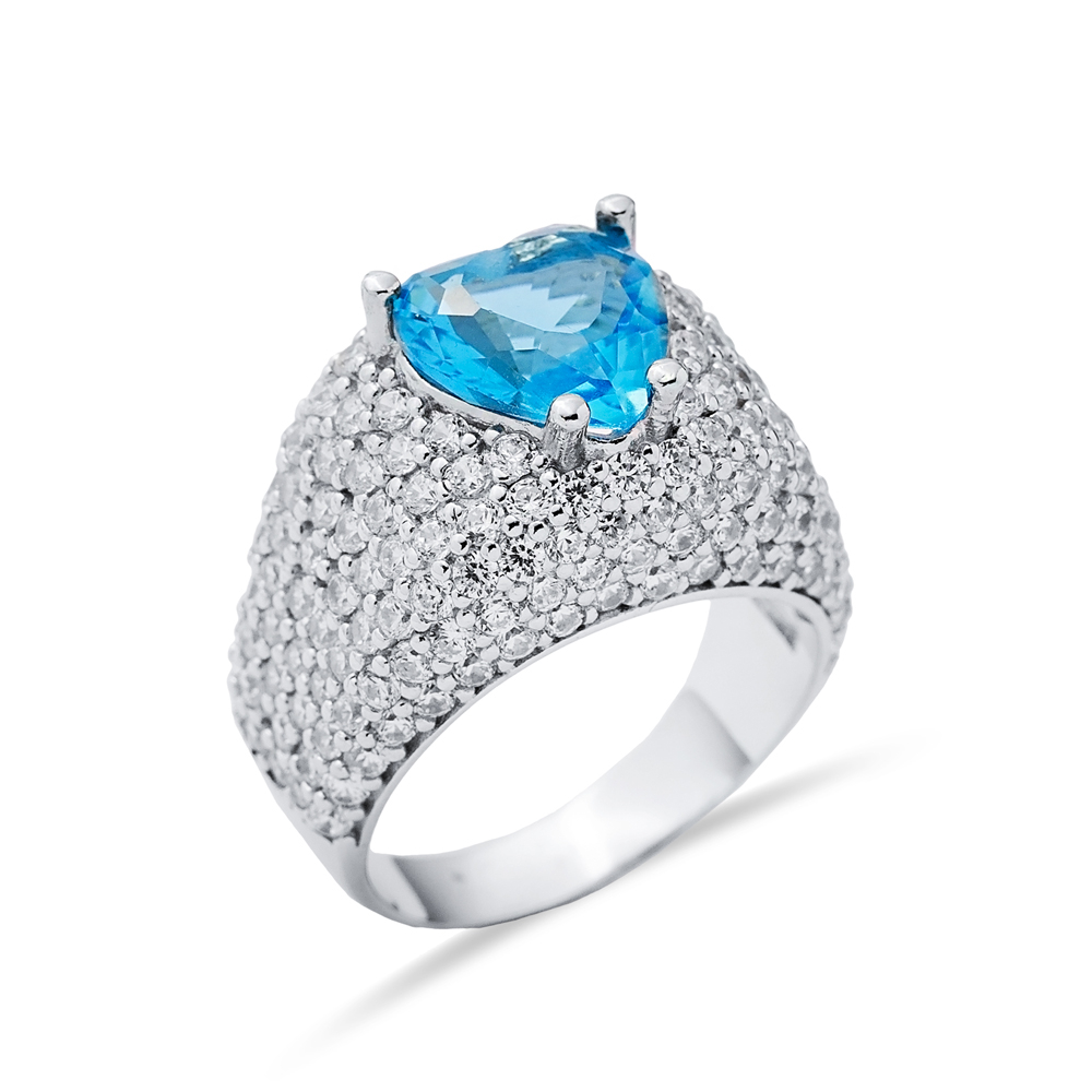 Aquamarine Stone Heart Cut 925 Silver CZ Stony Cluster Ring