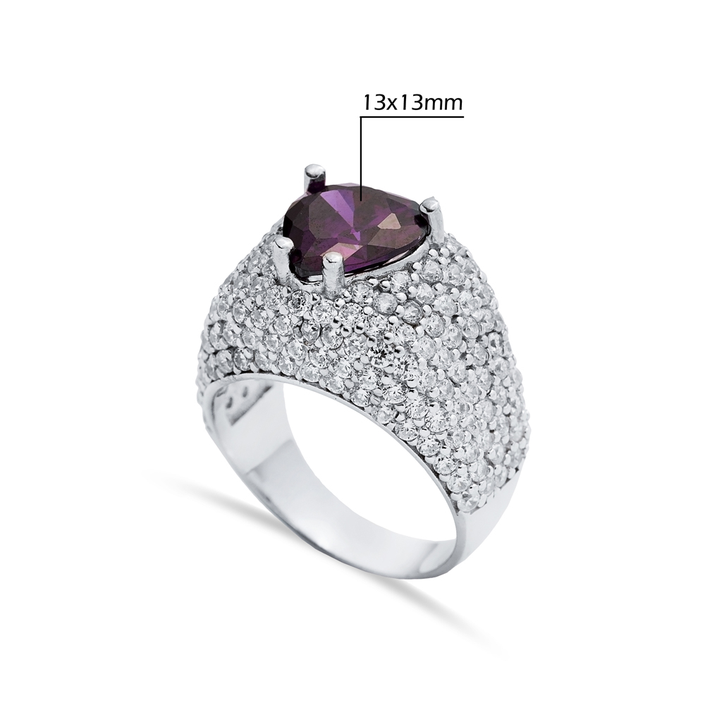 Heart Cut Amethyst Stone 925 Silver CZ Stony Cluster Ring