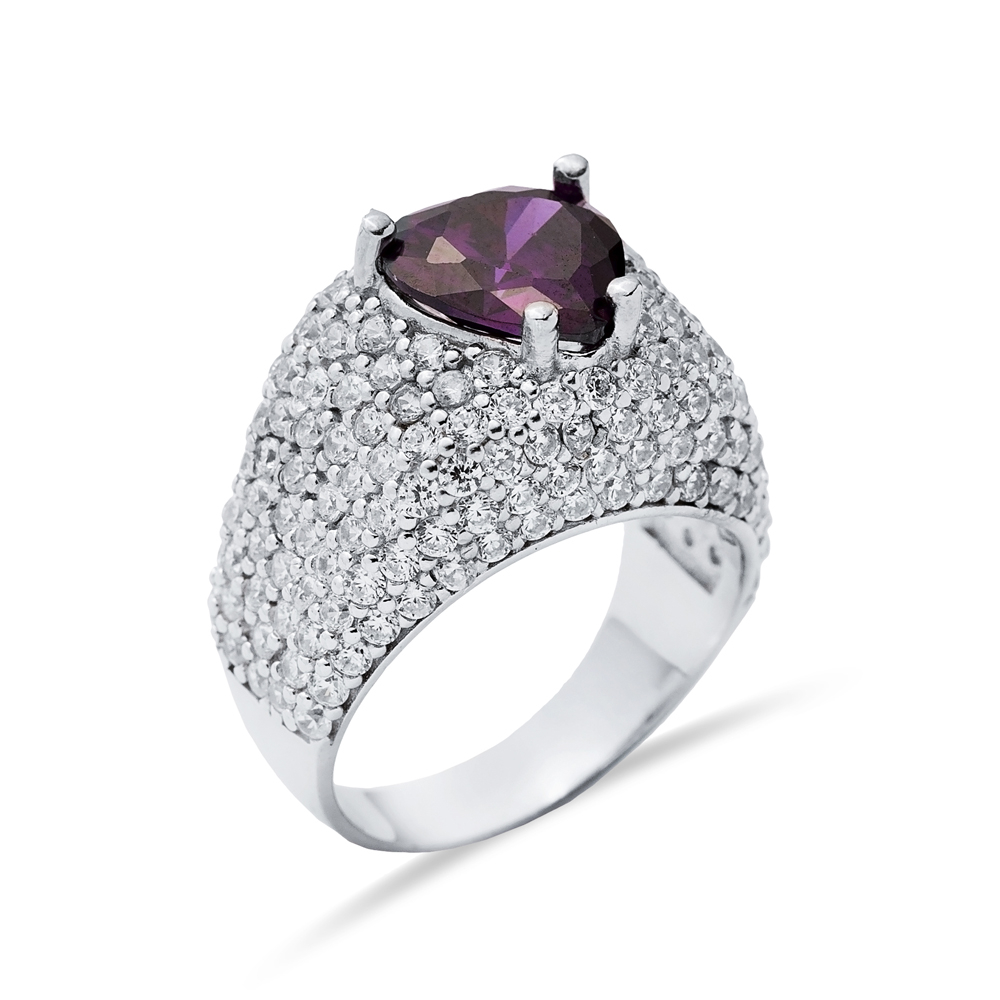 Heart Cut Amethyst Stone 925 Silver CZ Stony Cluster Ring