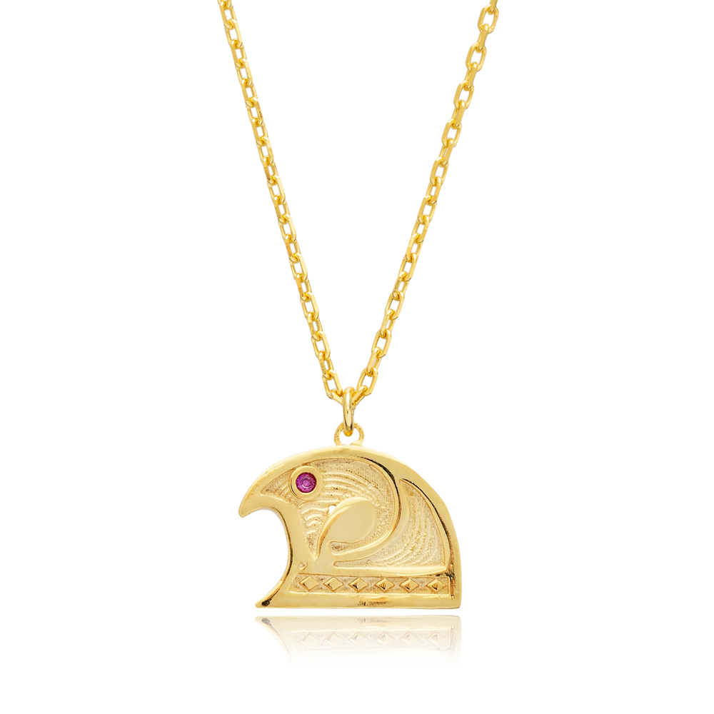 Falcon Bird Symbol Ruby CZ Charm Necklace in Egyptian Silver Jewelry