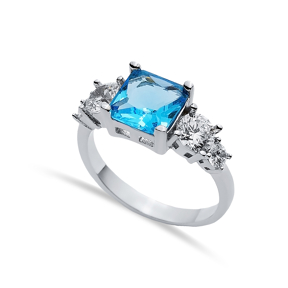 Square Aquamarine CZ Round Ring Sterling Silver Jewelry